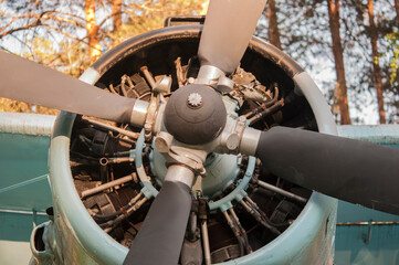 Old rusty abandoned airplane in the open air. Remnants of the former Soviet power. A military plane rusts in the forest.