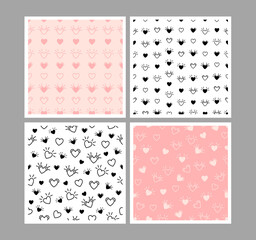 Four love different seamless patterns with hearts. Endless texture for wallpaper, web page background, wrapping paper and etc. Retro style.