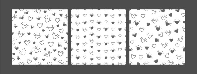 Set love, heart black and white different seamless pattern, ready print with background