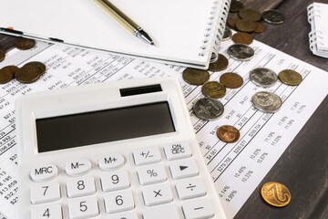 calculator on a financial document. Belarusian coins. Financial and economic concept. Poverty