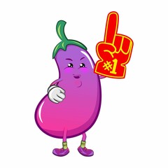 vector mascot character from eggplant cartoon pointing up with foam finger