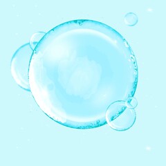 Water or air bubbles 3d illustration. Bubbles in water.Water soap ball. Realistic sphere isolated on light blue.