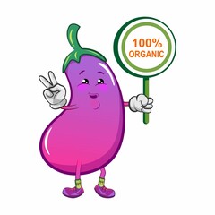 vector mascot character from eggplant cartoon with 100% organic sign board
