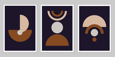 A set of abstract posters depicting simple figures. Modern minimalist background in modern boho style. Mid-century wall decor, vector art print. Composition of simple figures.