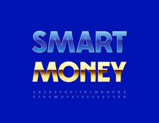 Vector business emblem Smart Money. Blue and Gold Alphabet Letters and Numbers set. Elegant style Font