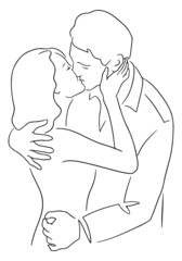 Line art vector illustration of kissing couple. Man and woman kiss and hug each other. Love concept