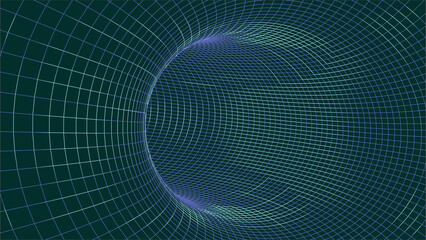 Wireframe 3D tunnel. Perspective grid background texture. Meshy wormhole model. Vector Illustration.