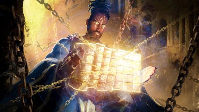 A handsome black male priest in a blue and gold robe, holding enchanted sacred books with his huge palms, they burn with spiritual fire and are chained in magical chains. clean looped 2d animation 