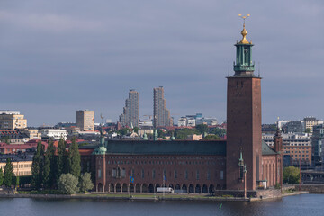 Town City Hall and the towers Norra Tornen in the back ground at sunrise a sunny day in Stockholm