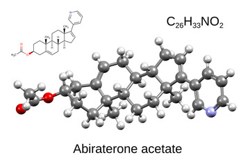 Chemical formula, skeletal formula, and 3D ball-and-stick model of anticancer drug abiraterone, white background