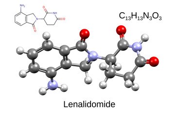 Chemical formula, skeletal formula, and 3D ball-and-stick model of anticancer drug lenalidomide, white background