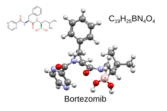 Chemical formula, skeletal formula, and 3D ball-and-stick model of anticancer drug bortezomib, white background