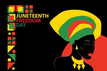 Silhouette of African American woman with headdress. Juneteenth Freedom Day. June 19, 1865. Freedom, patriotism and equality concept. EPS10 vector.
