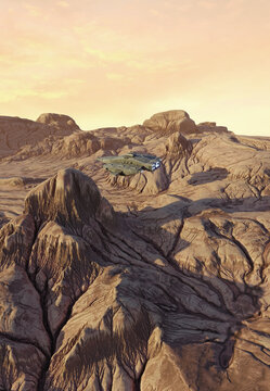 Spaceship Flying Low Over the Landscape of an Alien Planet, 3d digitally rendered science fiction illustration