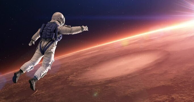 Brave Astronaut Spacewalk Outside The Space Station. Planet Mars Is Visible. Space And Technology Related 4K 3D Animation.