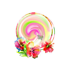 Round abstract drawing of red watercolor flowers. Sublimation frame with digital rainbow marble. For decorating postcards and fabric. PNG