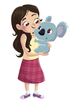Illustration of a little girl with a koala in her arms