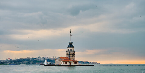 istanbul, Turkey, 17.02.2021, ancient city at the bosphorus of the maiden's tower and palace during sunset.