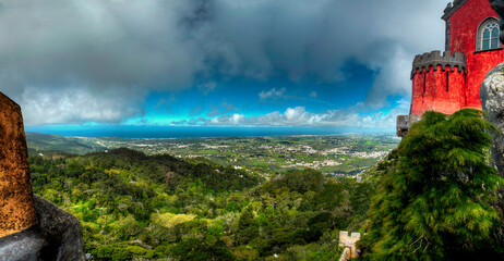 Panoramic view from Pena Palace in Sintra, Portugal - obrazy, fototapety, plakaty