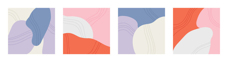 Obraz premium Set of backgrounds with abstract shapes and lines. Lilac, pink, red and pastel colors. Set of four isolated square poster templates. Card, poster design, wall art decor. Hand drawn vector illustration