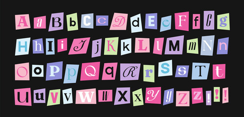 Hand drawn alphabet. Letters on pieces of paper in different colors.
Set of capital and lowercase letters.
Cuts from newspaper, anonymous message style
Vector illustration isolated on black background