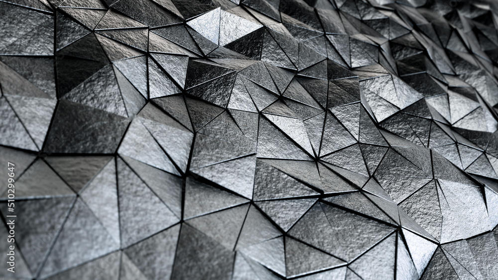 Aufkleber realistic dof camera 3d illustration of the shiny silver metallic textured triangles pattern rendere