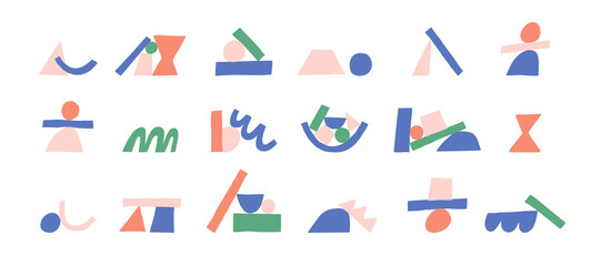 Big set with abstract shapes. Compositions with geometric figures. Cute design in trendy colors. Hand drawn vector illustration isolated on white background.