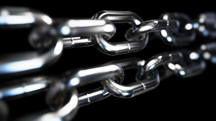 Realistic DOF camera 3D illustration of two stainless steel chains against black
