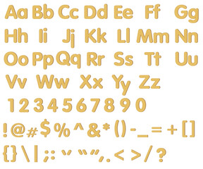 English alphabet and numbers. sew leather for text, letter, holiday. Festive, realistic set. Letters from A to Z. Vector illustration.