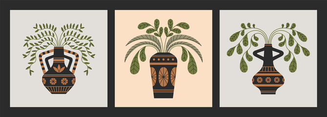 Set of posters with Ancient Greek vases, plants and leaves. Art, pottery, ceramics and culture. Can be used in print, card or social media design. Vector illustrations
