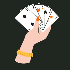 Poster with woman's hand holding playing cards.
Gambling, betting, casino and poker concept. Cool design.
Hand drawn vector illustration in trendy colors. Colorful flat design.