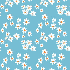 Cute floral print, seamless pattern with hand-drawn daisies on a blue background. Ditsy surface design with simple white flowers. Vector illustration.