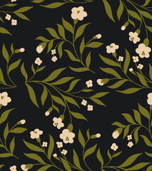 Seamless floral pattern with blossoming branches, small flowers, rustic leaves. Botanical print with decorative flowers branches on a black background. Vector illustration.