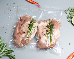 Pork steak with herbs in a vacuum bag