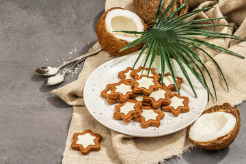 Gluten-free and lactose-free coconut cookies. Homemade healthy pastries, vegan lifestyle