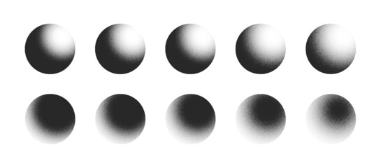 Various Degree Black Noise Abstract Graphic Grainy Textured Sphere Forms Vector Set Isolated On White Back. Different Hand Drawn Stipple Light Shadow 3D Ball Figures Isolate Design Elements Collection © yamonstro