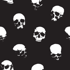 Seamless pattern with human skulls. Vector background with sinister smiling skulls in retro style. Graphic print for clothes, fabric, wallpaper, wrapping paper