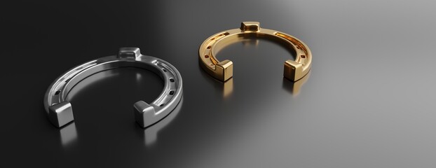 Silver and gold horseshoe on grey background. Copy space, banner. 3d illustration