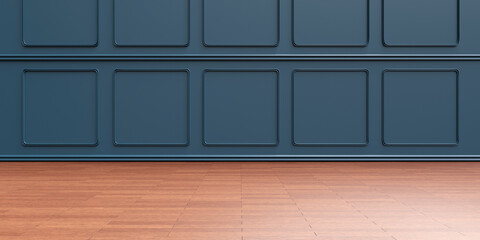 Wall beadboard wainscot blue decoration and wooden floor background, Interior room design. 3d render