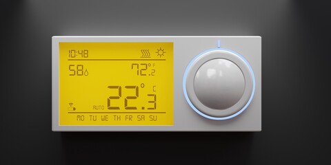 Digital thermostat on wall, Home heating temperature control. Energy efficiency device. 3d render