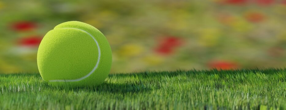 Tennis ball on grass. Bright yellow color sphere on green lawn court, closeup view, 3d render