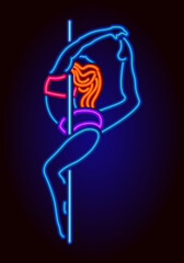 Neon sign girl woman dancer. Pop style, illumination glow effect. Retro template signboard for night club, store, posters, banners, cafe, bar, party, cabaret, striptease, pole lap dancing.