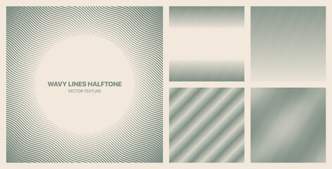Assorted Various Halftone Pale Green Wavy Lines Textures Vector Different Retro Patterns Set Isolated On Light Background. Half Tone Graphic Modern Pattern Variety Texture Design Element Collection