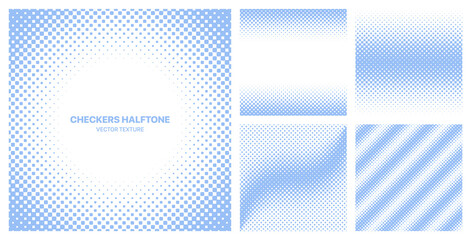 Assorted Various Pale Blue Checkered Halftone Textures Vector Different Geometric Patterns Set Isolated On White Background. Half Tone Graphic Modern Pattern Variety Texture Design Elements Collection