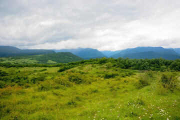 Naklejka premium Alpine meadows, foggy mountains at Abkhazia (Kodori Gorge)