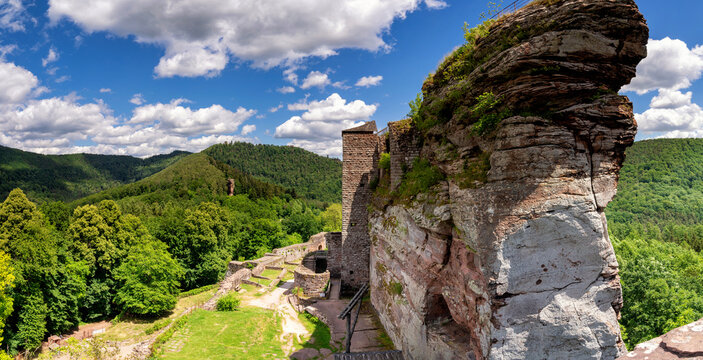 Huge rock with a ruined castle near the French village Lembach