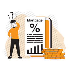 Loan with huge interest rate.Mobile app page screen.Smartphone banking application.Credit agreement mortgage.Quick cash and credit loan.Tiny people thinks about the time of loan payment.