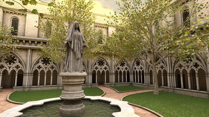 Fototapeta na wymiar 修道女の像があるの中庭