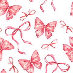 Watercolor seamless pattern. Watercolor bows and ribbons pattern. Festive pattern. Red bow and ribbon. Design for wrapping paper, packing, background, fabric, textile, home decor, bedding, greetings.