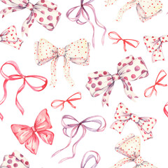 Watercolor bows and ribbons. Watercolor seamless pattern. Bow and ribbons pattern. Festive print. Colorful design for wrapping paper, gifts, packages, backgrounds, greetings, fabric, textile, paper
